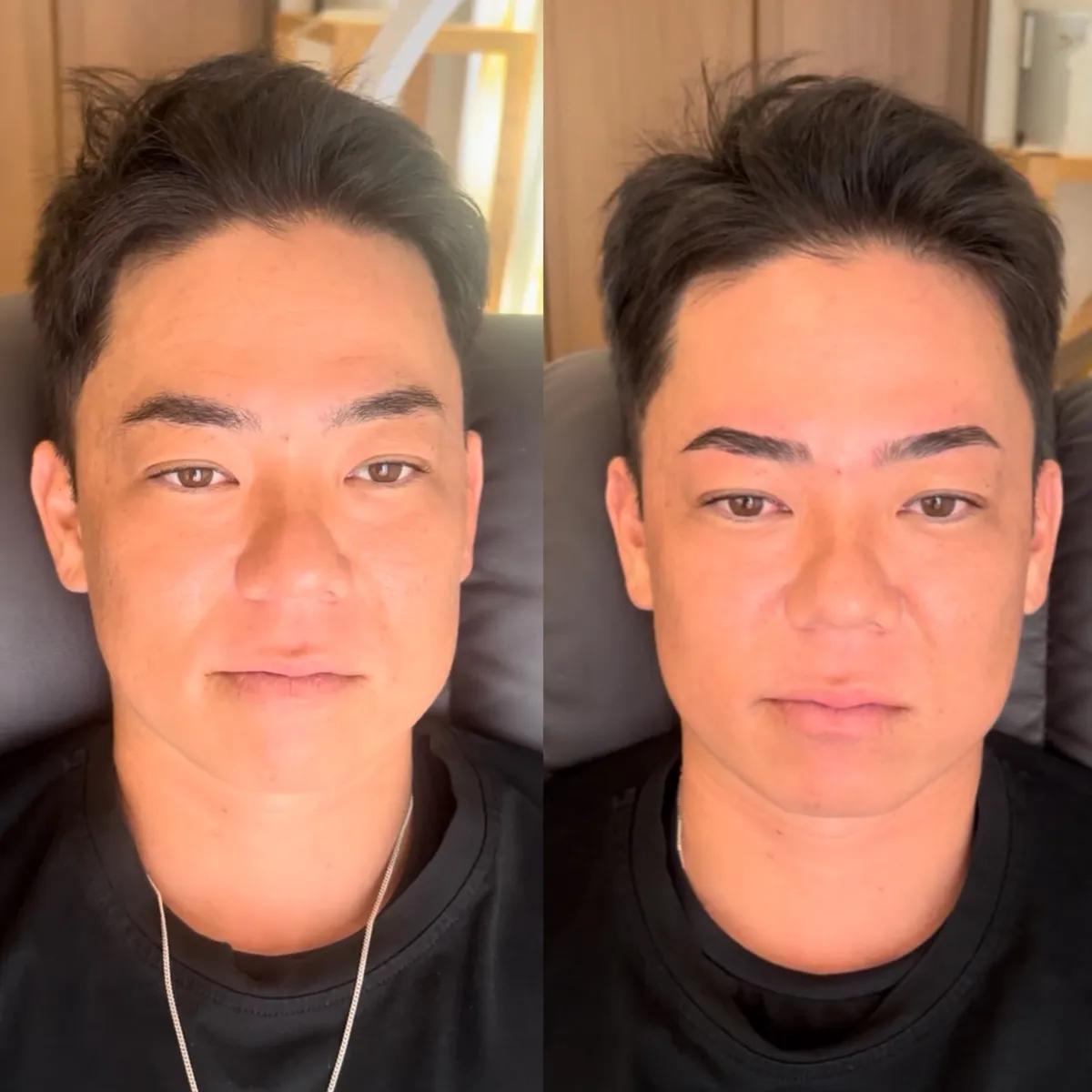 沖縄メンズ眉毛サロン01での眉毛ワックス施術ビフォーアフター:施術前と施術後の顔全体の印象変化