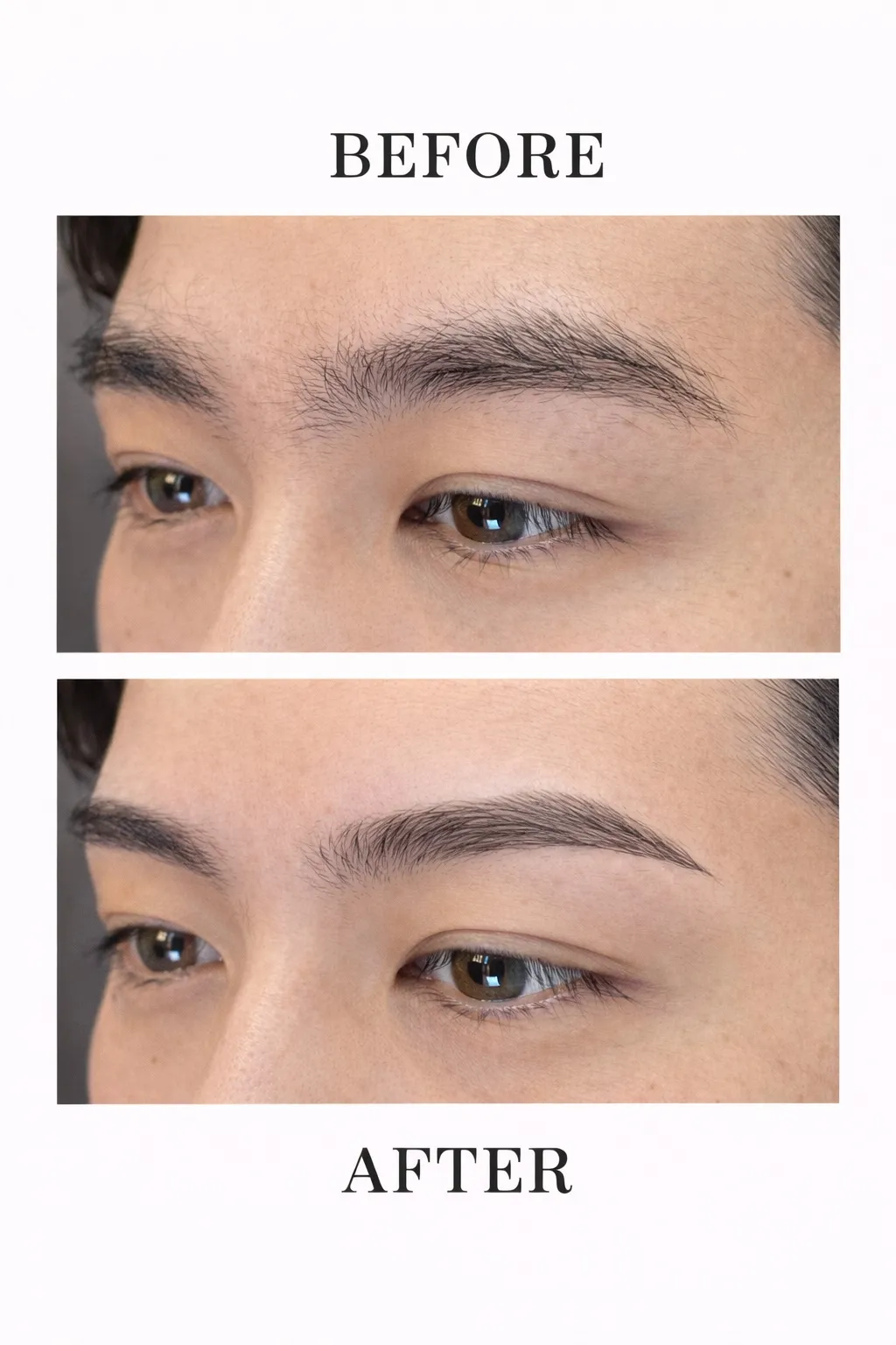 沖縄・那覇メンズ眉毛サロン01(オーワン)の眉毛パーマ施術イメージ:施術前と施術後のビフォーアフター比較。毛流れを整え、自然で立体的な眉に