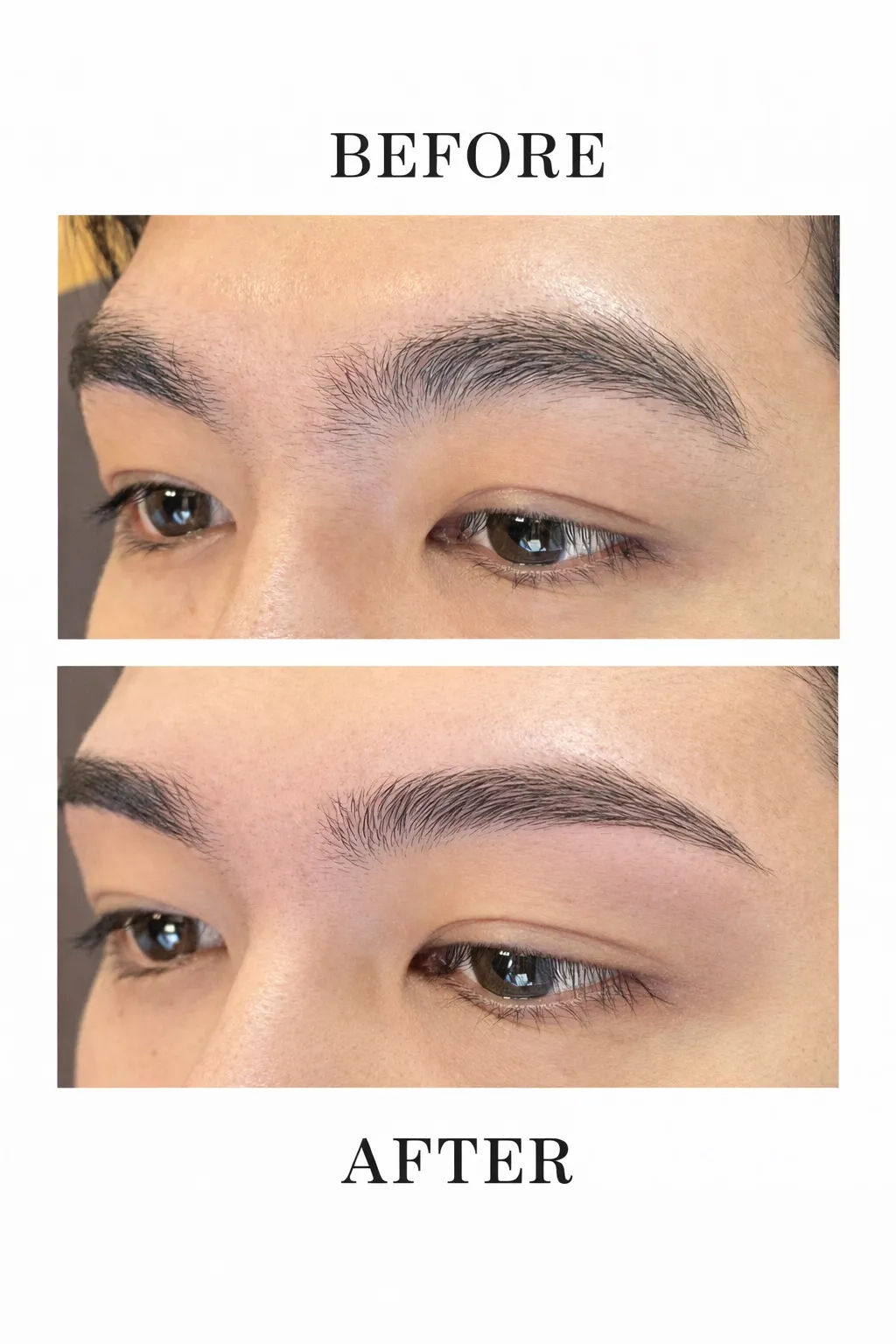 沖縄・那覇メンズ眉毛サロン01(オーワン)の眉毛ワックス施術イメージ:施術前と施術後のビフォーアフター比較。骨格に合わせて眉を整え、清潔感のある印象に